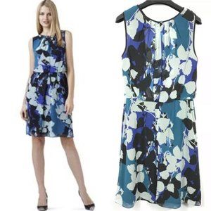 Adrianna Papell Blue Floral Pleated Neckline Dress